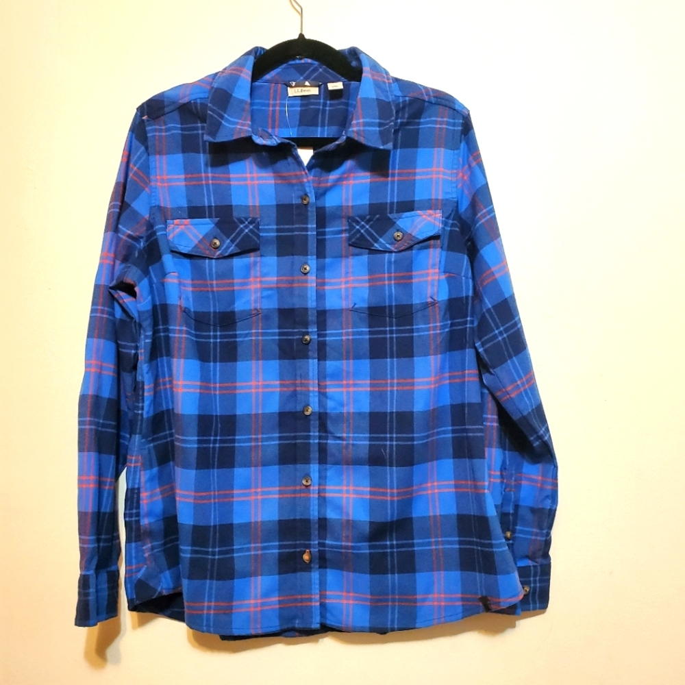 L.L. Bean Men's Blue Plaid Whisper Lodge Flannel Shirt Large Comfort Stretch